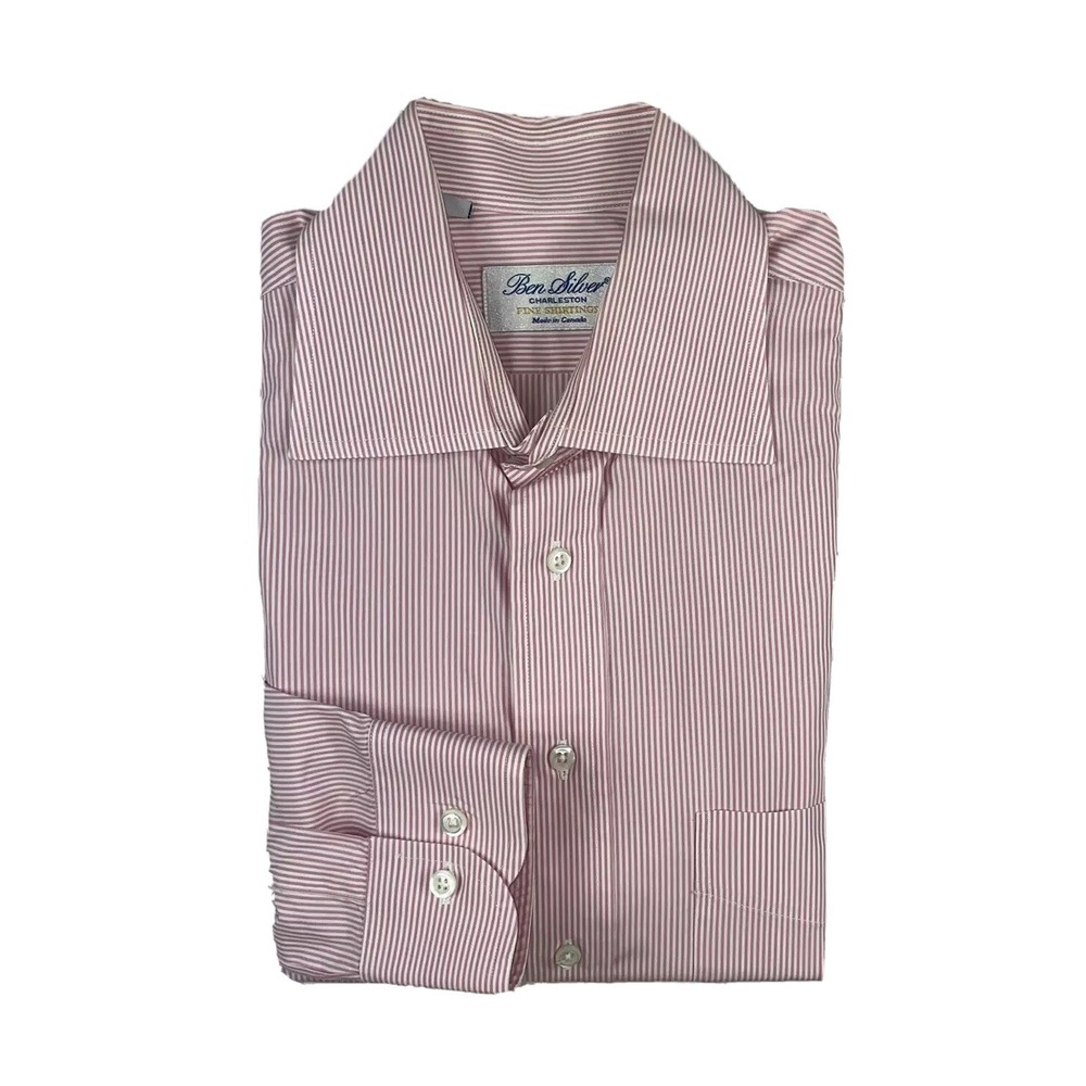 Ben Silver Charleston Pink White Striped Mens Button Front Size 15.5/34 EUC